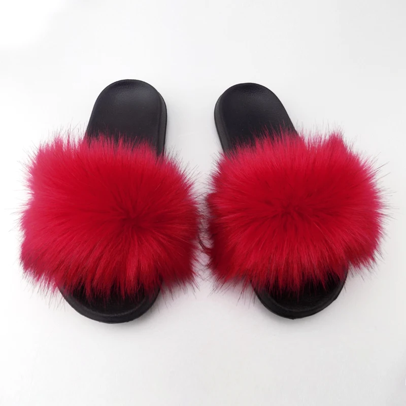 

Wholesale Fluffy faux fur slides slippers sandals for women, Red,blue ,green ,orange ,brown