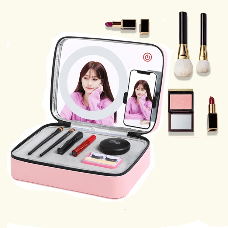 

OEM Support Beauty Cosmetic Case Makeup Storage Box Portable Cosmetic Bags Make Up Storage Box with Ring Light