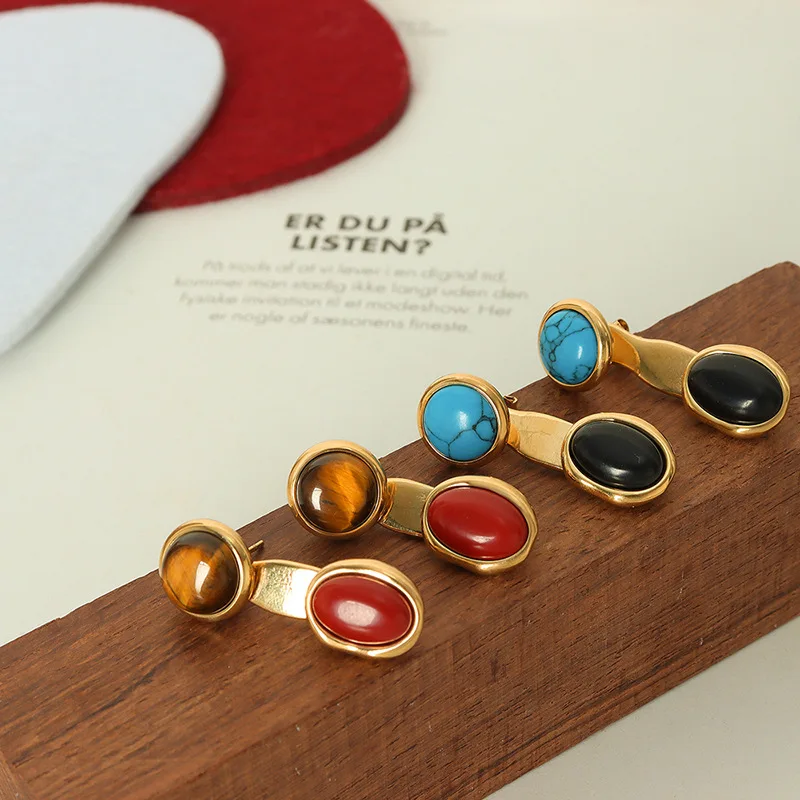 Fashion double wearing tiger eye stone natural stone blue turquoise earrings boucle doreille bijoux