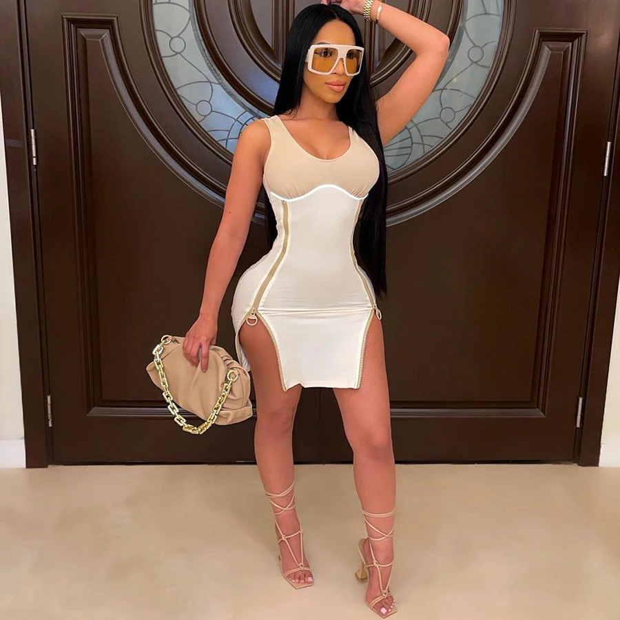 

Peeqi Patchwork Zipper dresses Mini Sleeveless bodycon women dress sexy club Wear ladies dresses summer