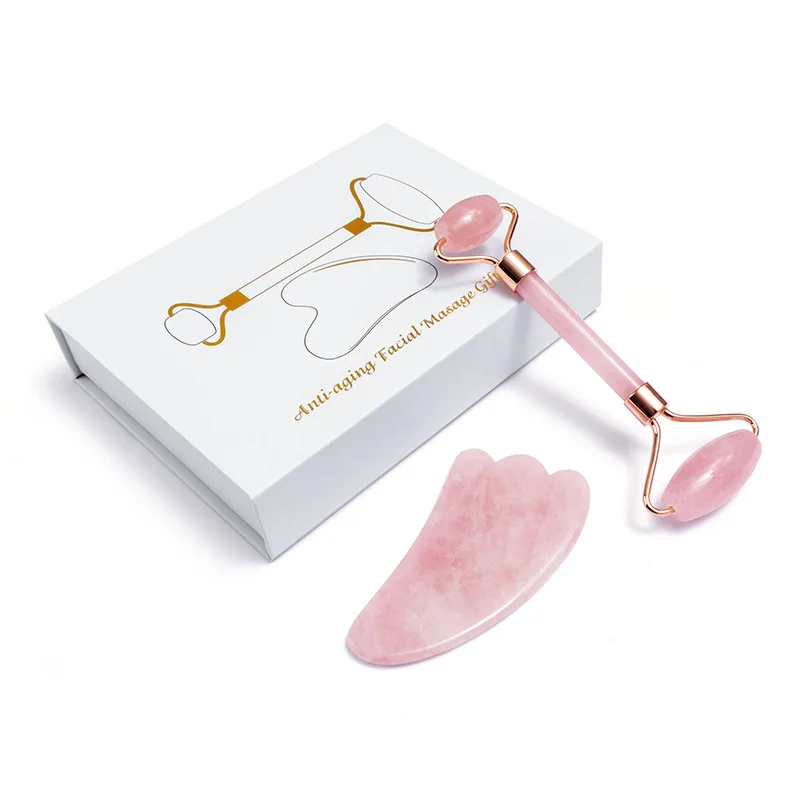 

Handheld rose quartz jade roller gua sha beauty facial massage rose jade roller for face with box
