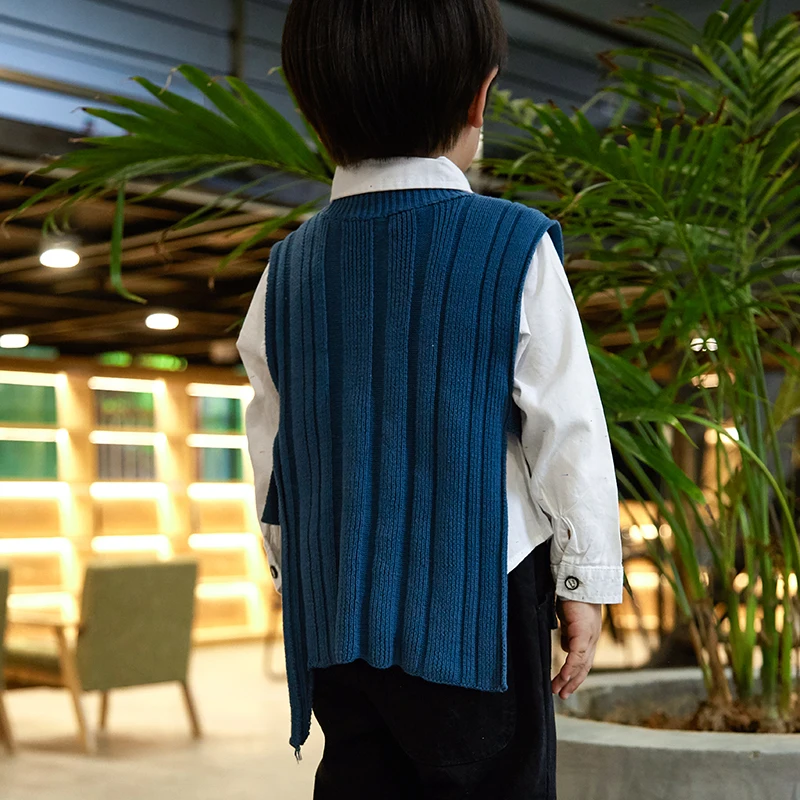 
New Design Kids Autumn Spring Pit Sweater Boy Knitted Bind Belt Vest Outerwear Clothes 