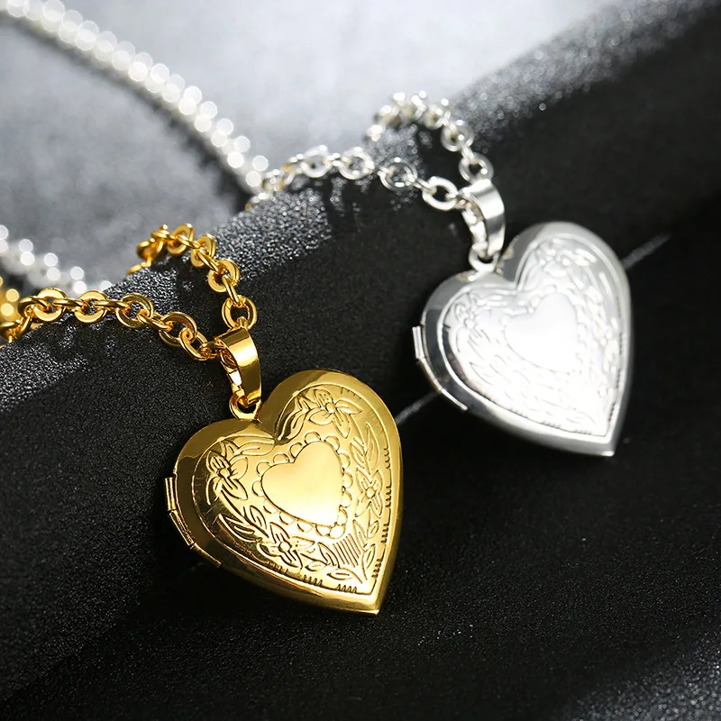 

Gift Copper Alloy Gold Silver Flower Photo Heart Shape Picture Locket Memory Jewelry Pendant Necklace For Men Women