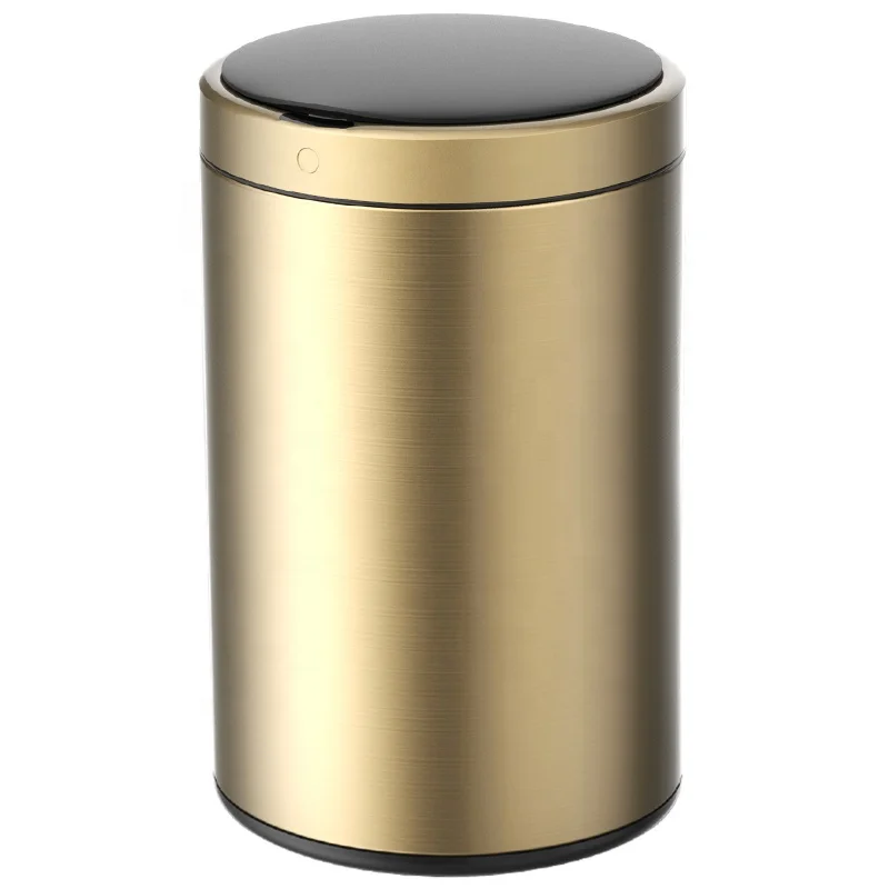 

12L 3Gal Gold Household kitchen round auto sensor dustbin smart trash can garbage waste trash bin hotel metal recycled induction