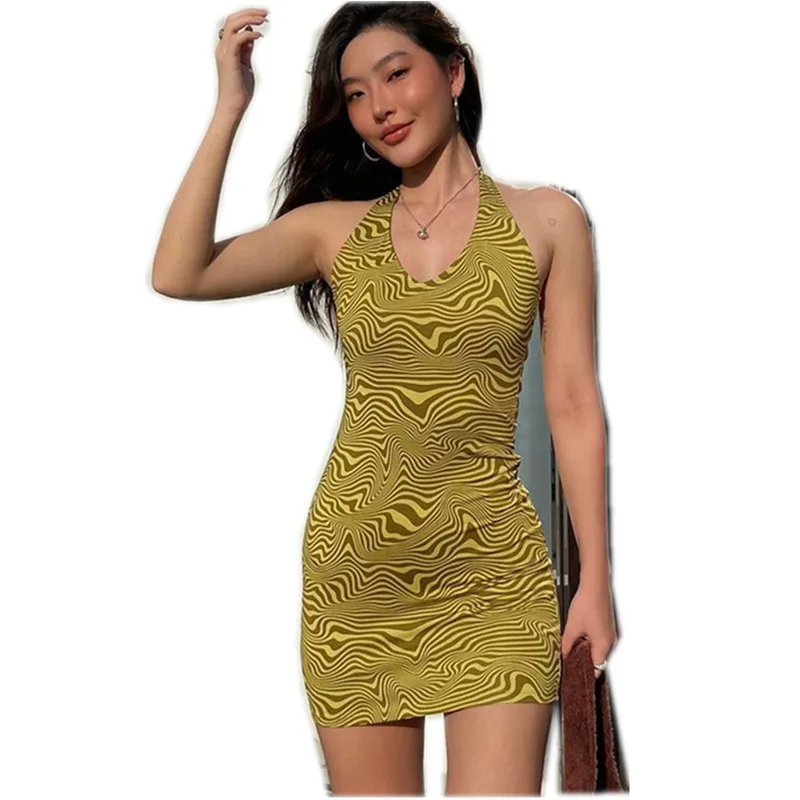 

Hanrong New Fashion Printing Sexy Halter Backless Sleeveless Dress Women Clothing 2022 Street Evening Party Clubwear Dress