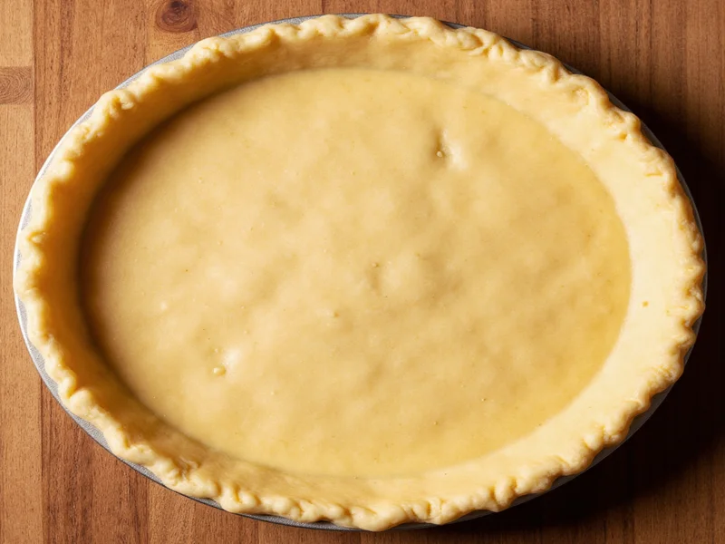 Flaky golden pie crust ready for filling on wooden table