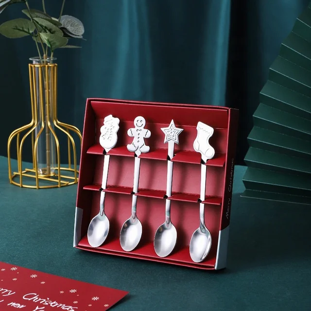 

4pcs/set Steel Wholesale Christmas Kids Spoon Tea Coffee Hot Chocolate Desert Mixing Fork and Handle Spoon Gift Set Boxes, Colorful, gold, silver, rose gold, black