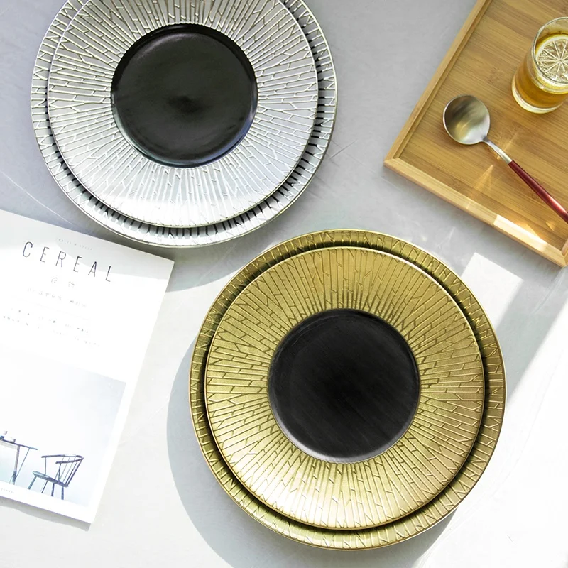 

Top selling on wish 11and 12inch round europe style gold and sliver color marble dishes kitchen plates, Black and white