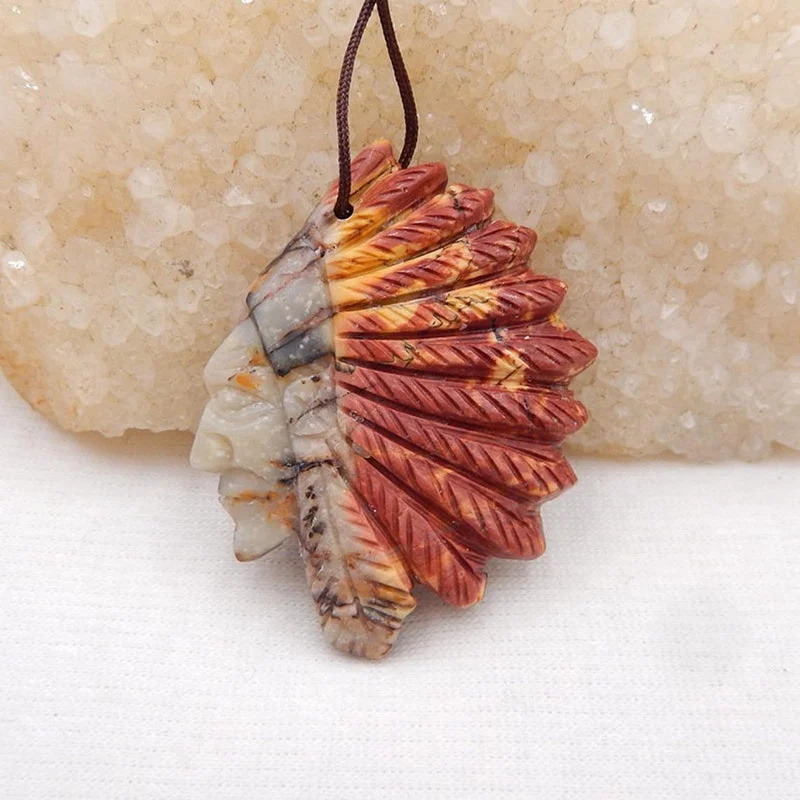 

Vintage Carved Multi-Color Picasso Jasper Gemstone Indian Head Pendant Charm For Women, , 12.2g