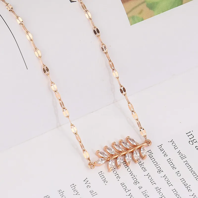 

Women Rose Gold Plated Titanium Steel Micro Setting Leaf Charm Necklace Branch Leaves Choker Chain Necklace