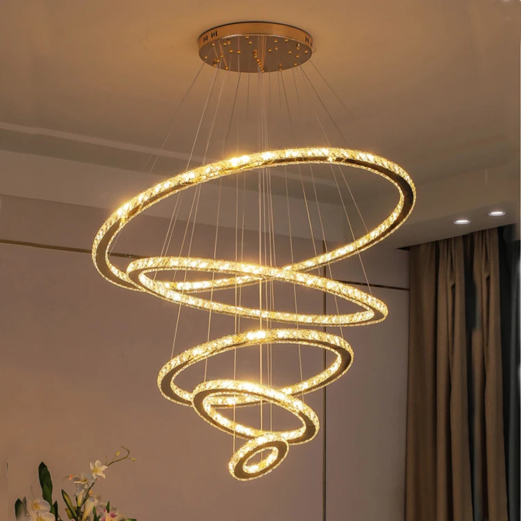 

Living room round led pendant light staircase high ceilings long hanging lamp nordic modern gold luxury k9 crystal chandelier