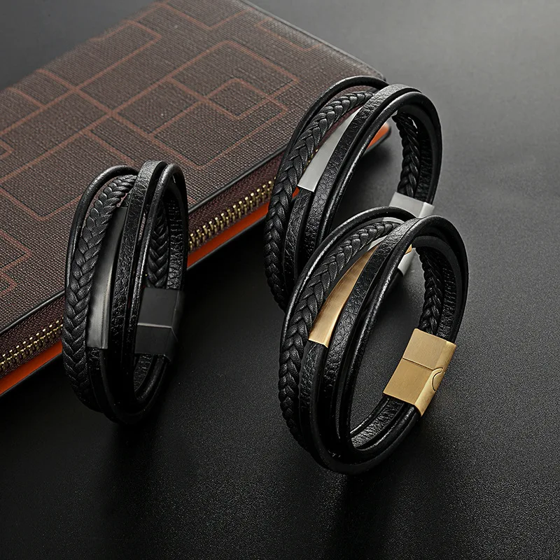 

High Quality Multi Layers Genuine Leather Bracelet 316L Stainless Steel Magnet Clasp Wrap Custom Bracelet For Men