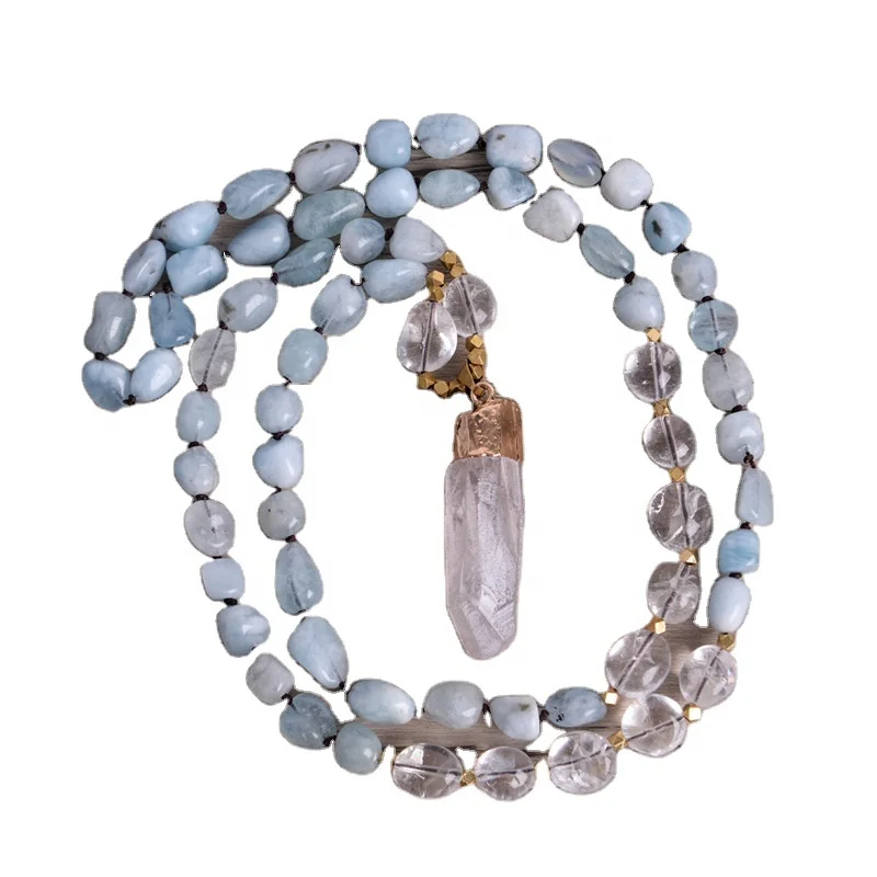 

80cm Long Chain Necklace Handmade Crystal Aquamarine Points Healing Stones Beaded Necklace Knotted Women Jewelry