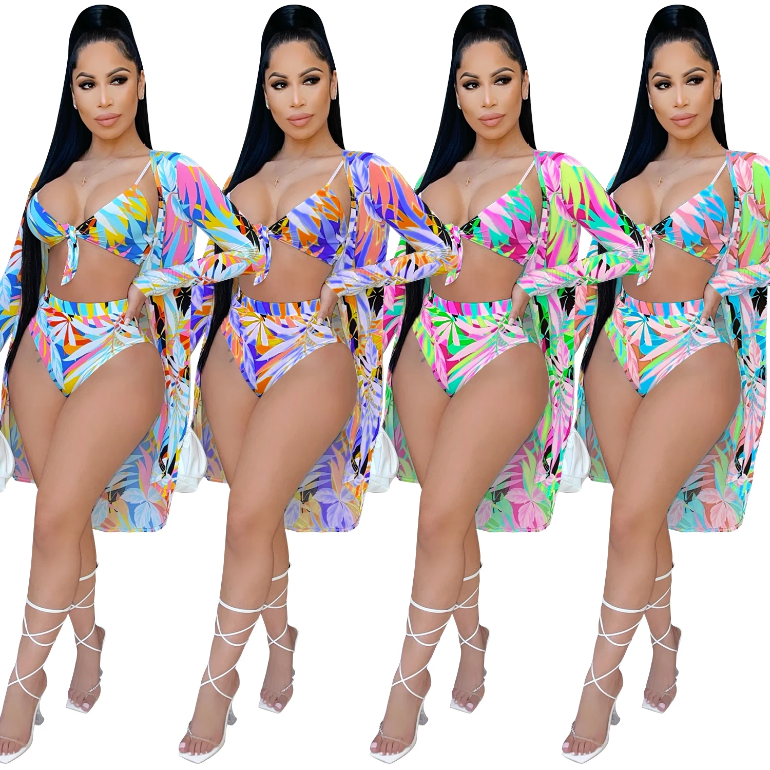 

2021 new beach wear 3 piece bikini with sexy cape long jacket coat women swimsuit bikini bathing suits swimwear for women
