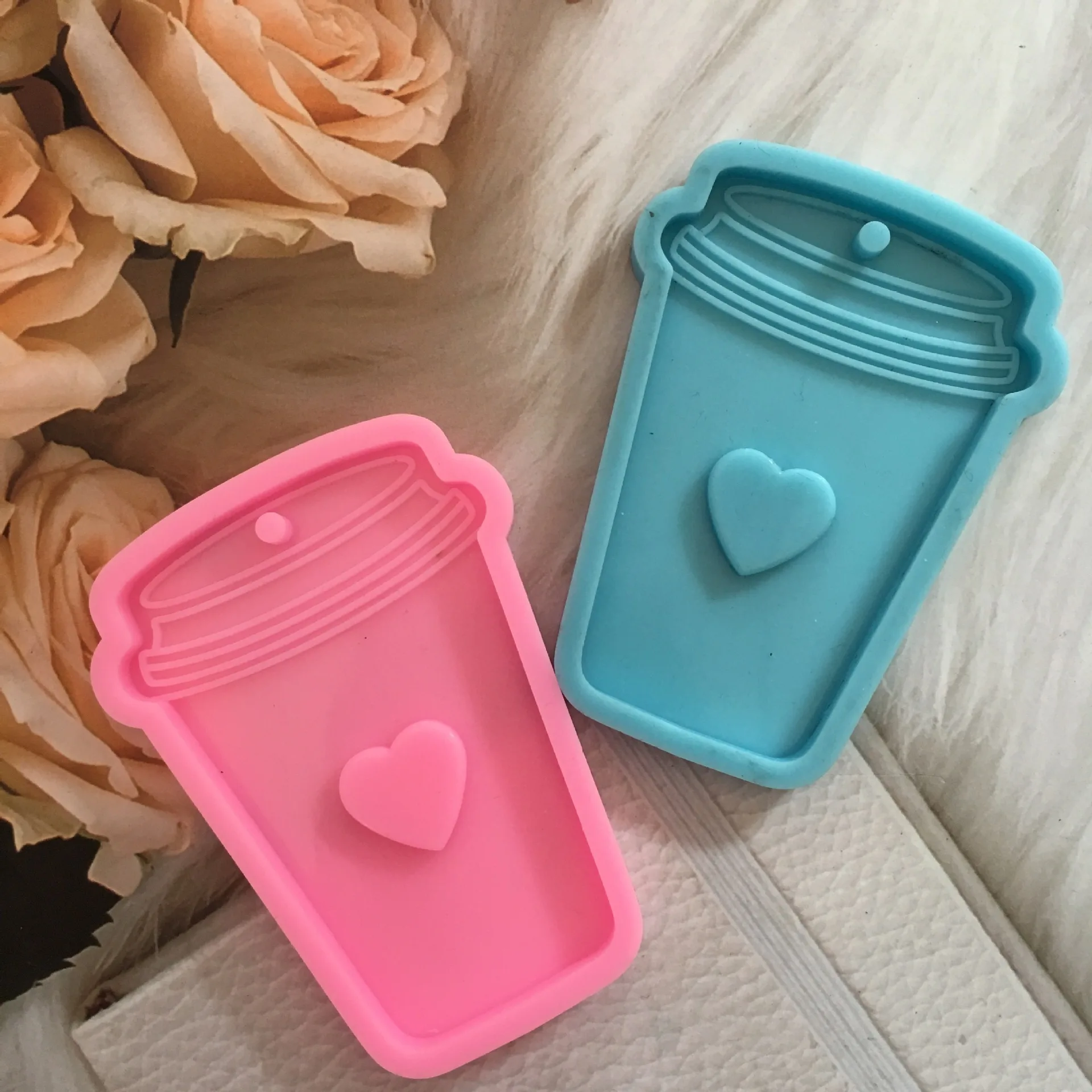 

Epoxy resin love heart coffee cup keychain silicone mold pendant jewelry moulds, Blue