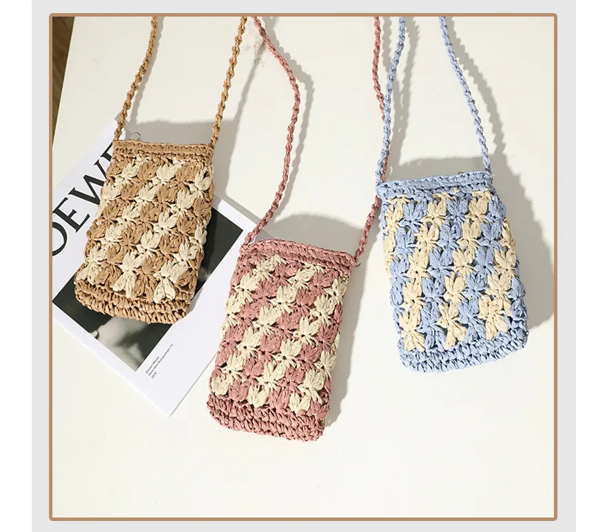 

Summer Women Paper Straw Crochet Flower Crossbody Bag Mini Mobile Phone handmade Soft Zip Shouder All-match Beach Daily Purse, Customizable