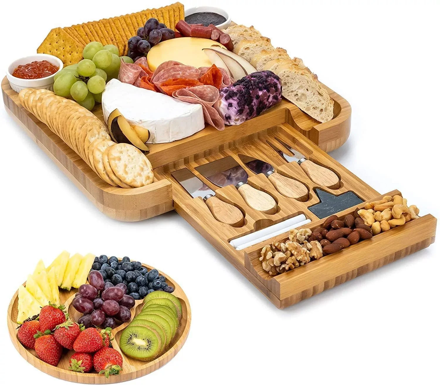 

Early Riser Large Bamboo Cheese Board Set Cutting Board Tableware Picnic Tray Cheese Board and Cutterhead with Tray Drawer