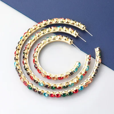 

Fashion Hot Sale Multi Size Colorful Rhinestone Circle Hoop Earrings 18k Gold Plated Crystal C Stud Earrings For Women