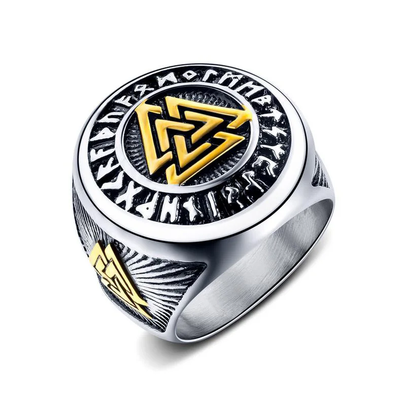 

Handmade Viking Valknut Futhark Runic Runes Odin Nordic Ring, Gold, silver, black