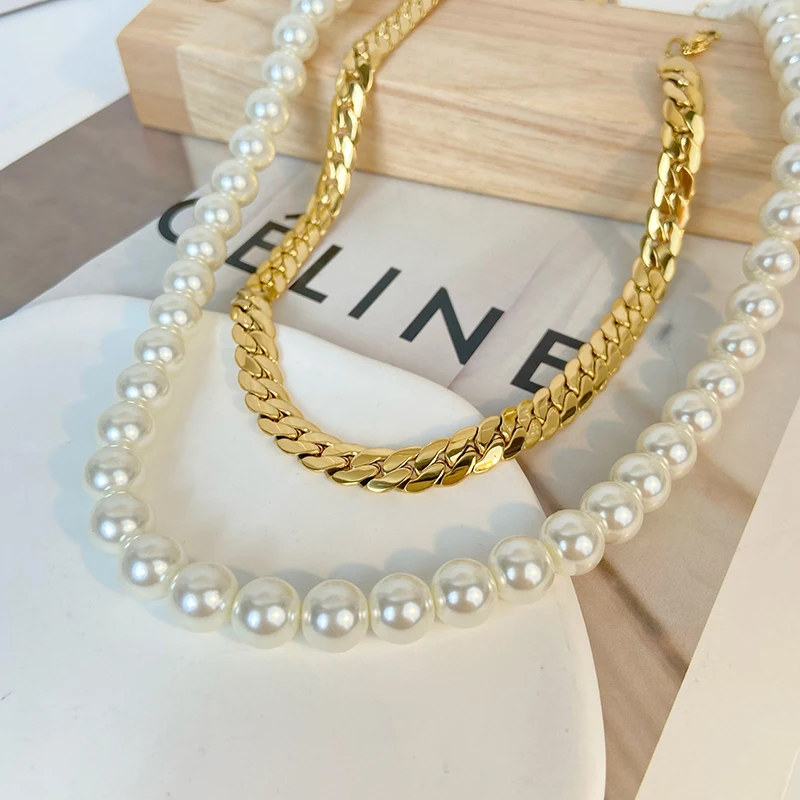 

18"20" Natural Freshwater Pearl Necklace Fashion Elegant Stainless Steel Gold Plated Chain Stacked Strap Necklace Jewelry 2024
