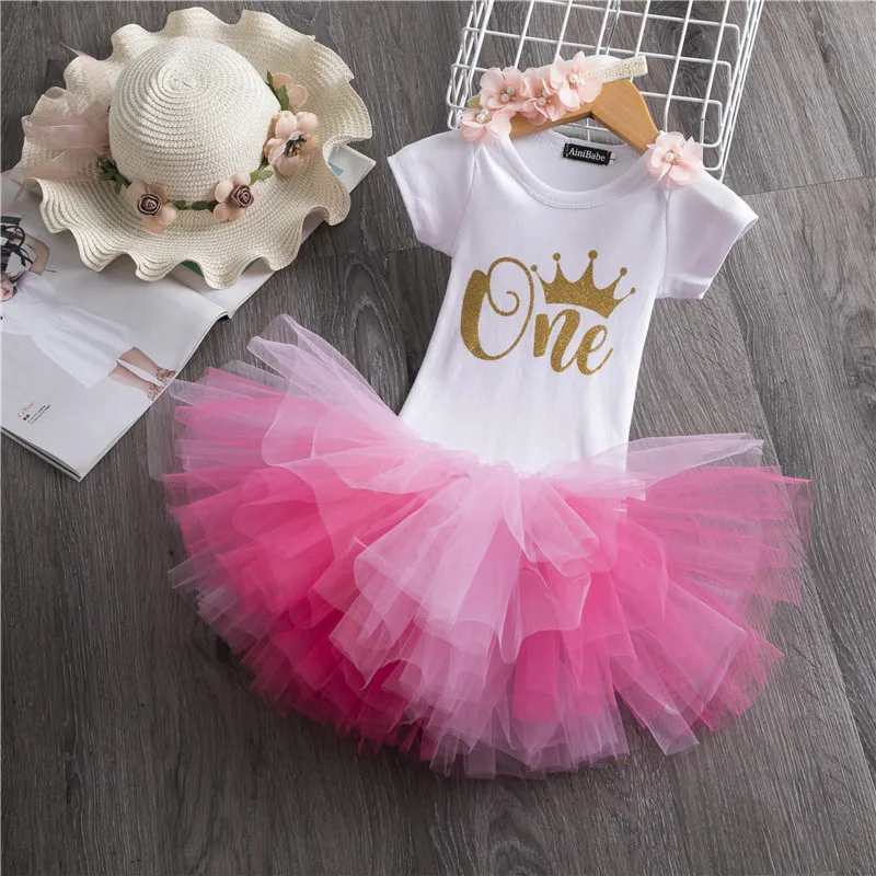 

Boutique 1 Year Birthday Dress Sets Baby Romper Skirts Headband Girls Party Dresses, Photo