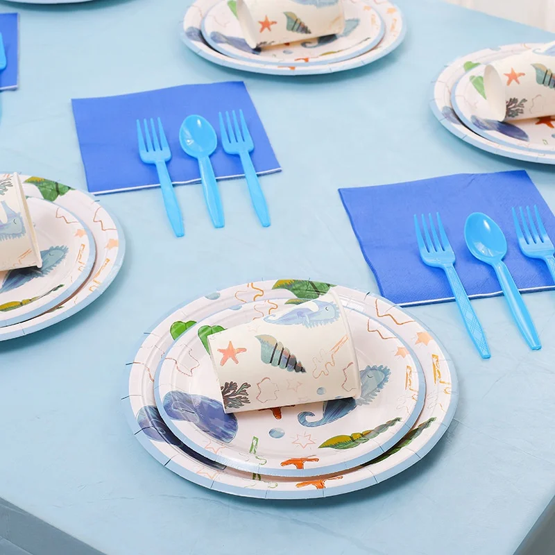 

DAMAI Blue Sea Animal Theme Party Kids Birthday Party Celebration Paper Disposable Tableware Sets Picnic Paper Plate