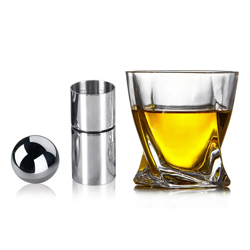 

KLP RTS whisky glass cup stainless steel jigger metal ice cube box 3-piece set men whisky set, Transparent