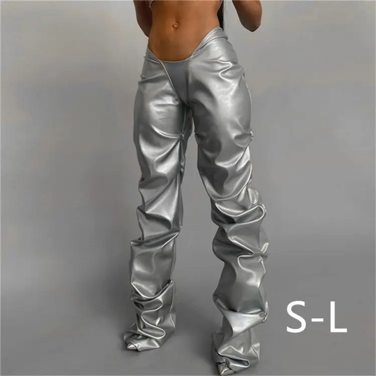 

Wholesale Custom Wide Leg Black Women Vegan Shiny Ladies Ruffle Moto Faux Pu Stack Pant Leather Stacked Pants, Picture