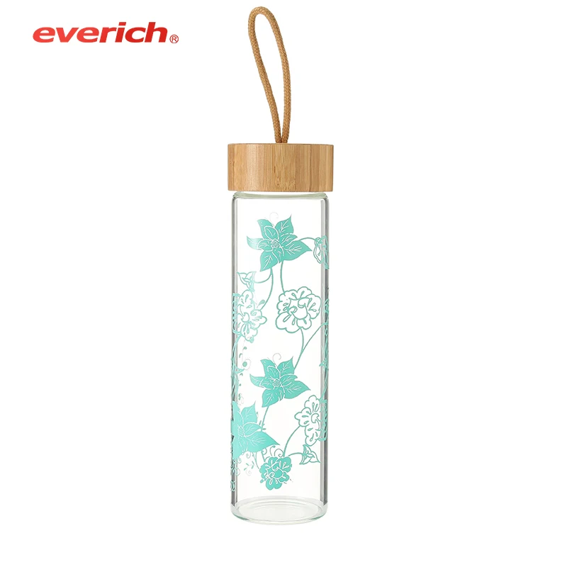 

Eco-friendly Wholesale custom capacity double wall high borosilicate glass water bottle with bamboo lid with tea infuser, Pantone color
