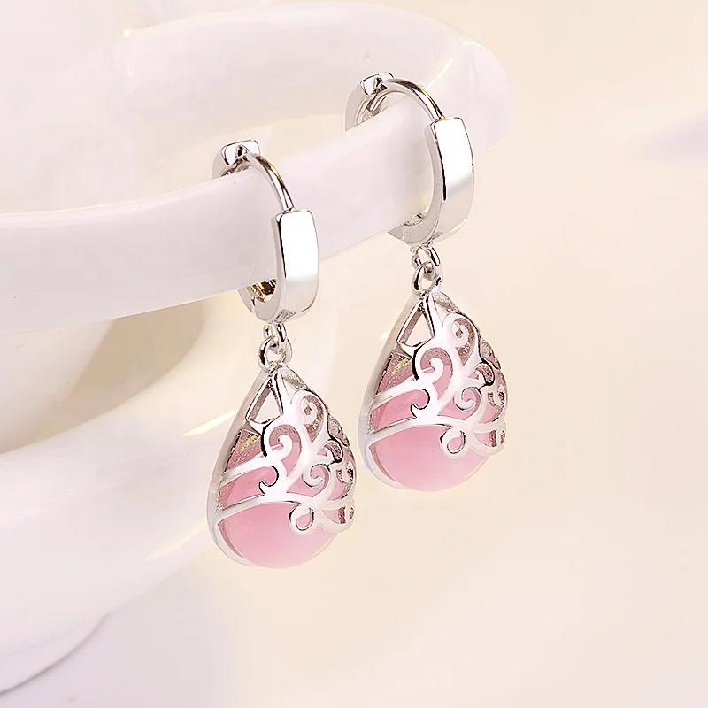 

Drop Earrings For Women Delicate Totem Pink Waterdrop Cat's Eye Stone Silver Color Party Opals Fashion Jewelry