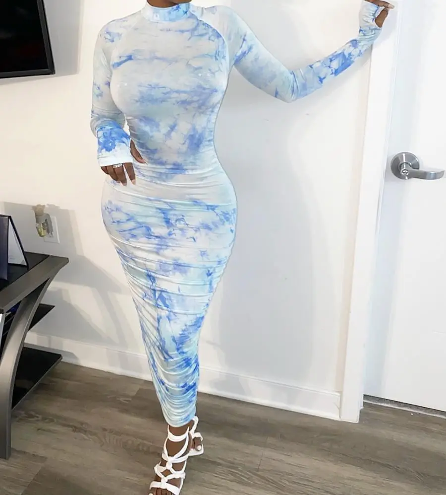 

S1431N Hot sale women Fashion tie dye long sleeve maxi dresses