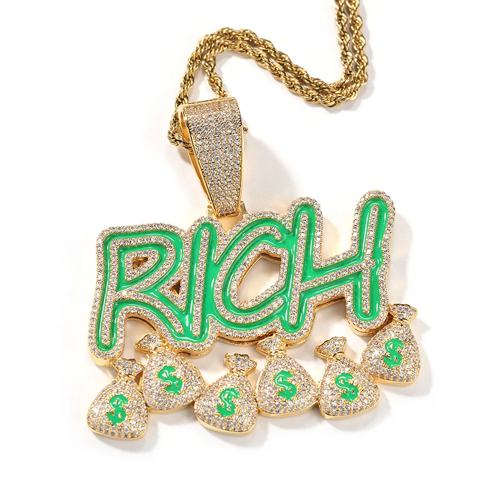 

Foxi Hip Hop Jewelry Full CZ Money Bag Iced Out Gold Silver Jewelry Enamel Rich Pendant Necklace