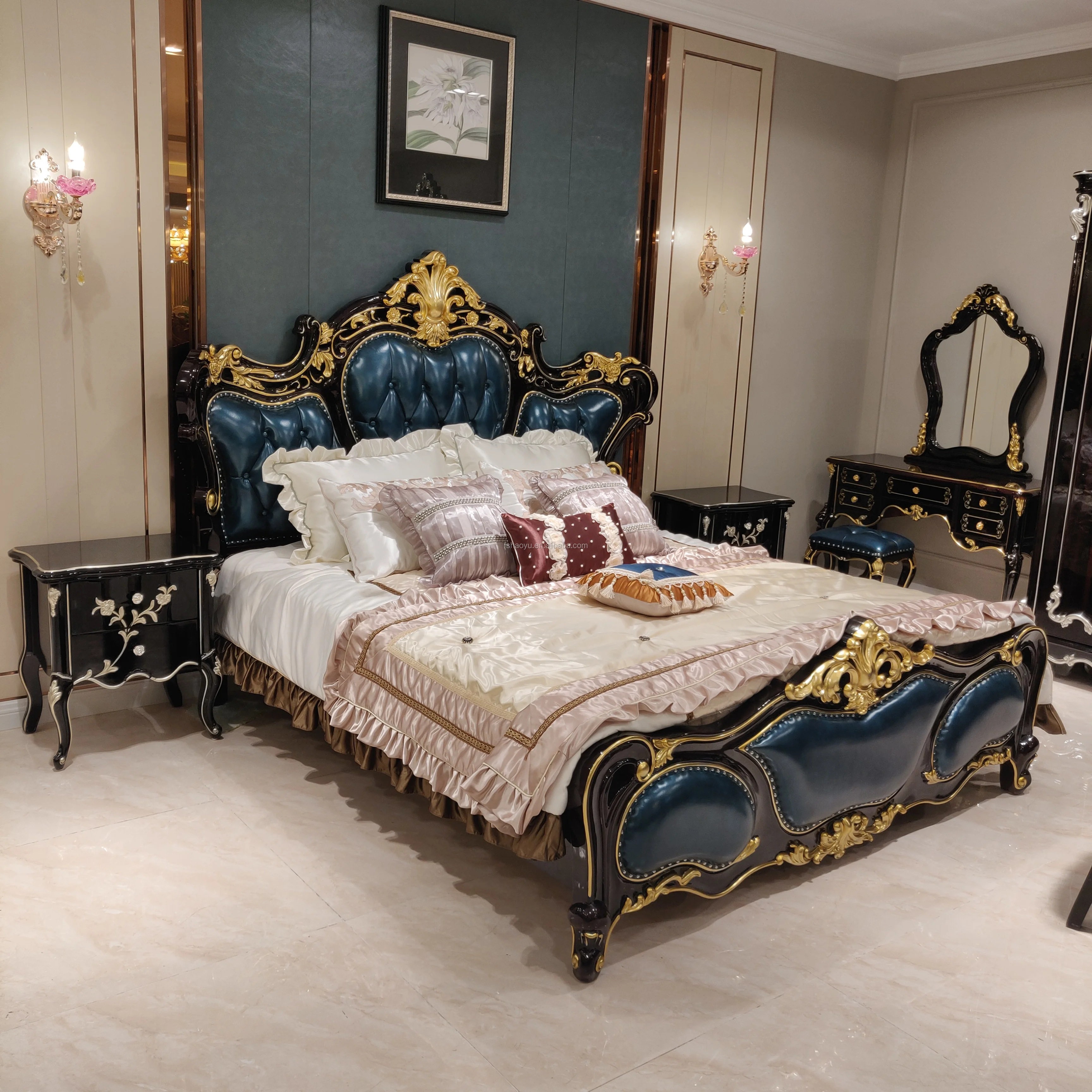 new classic bedroom furniture, gold color king bedroom sets