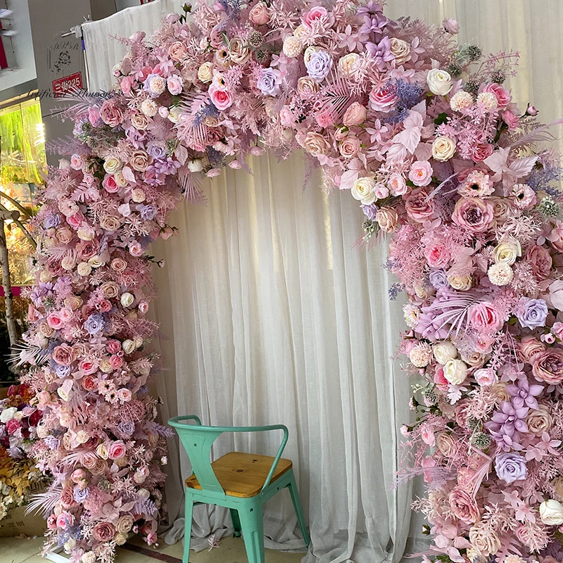 

DKB artificial wedding flower arch backdrop 2.4m floral arrangement pink rose hydrangea arch for wedding decoration
