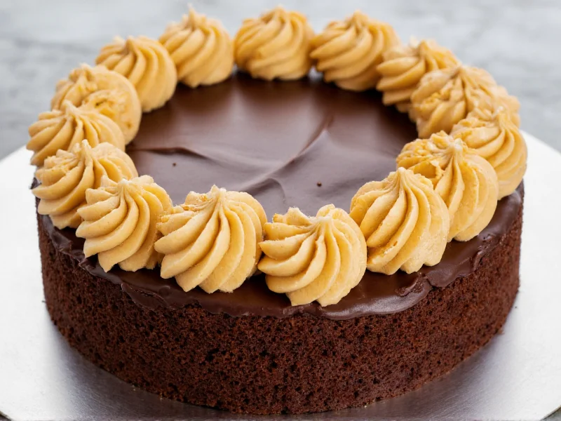 Peanut butter icing swirls on chocolate cake