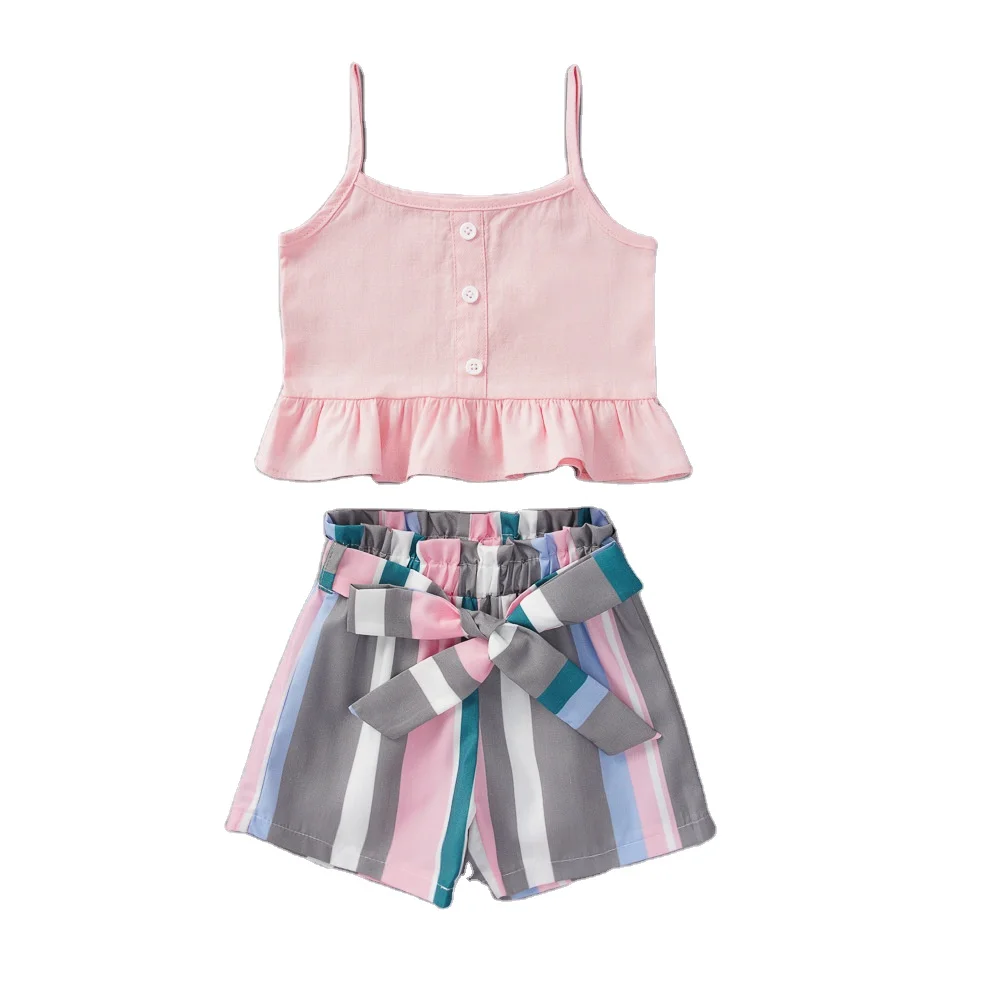 

rts Amazon hot style pink yellow blue sling top girls striped shorts suit kids fashion 2021 new design summer set