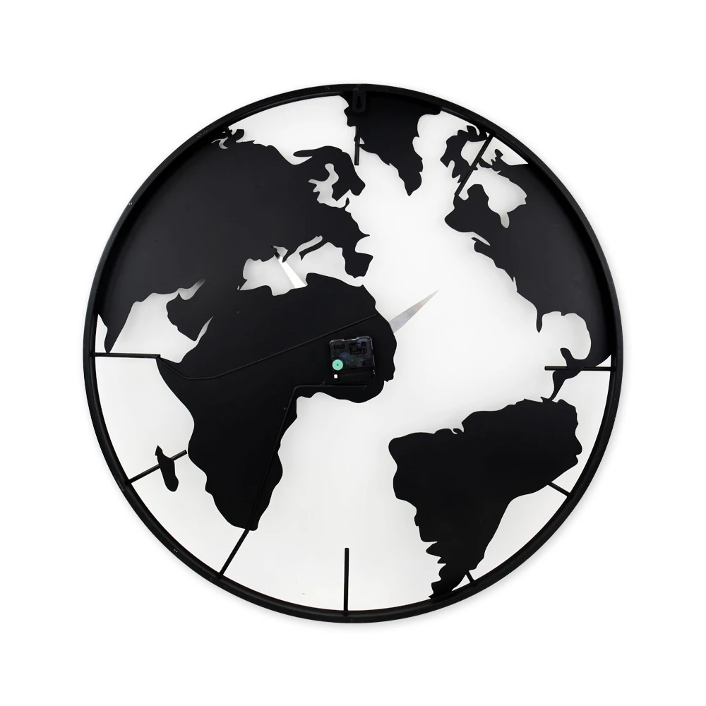 Black Indoor World Map Style Metal Decorative Clock European Industrial