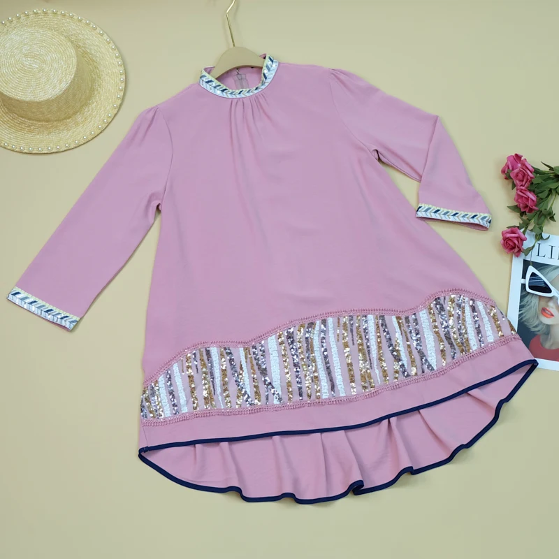 

Hot Selling Bohemia Long Sleeve Embroidery Lace Round Neck Blouse Casual Sequined Dress, Pink/blue/khaki/white
