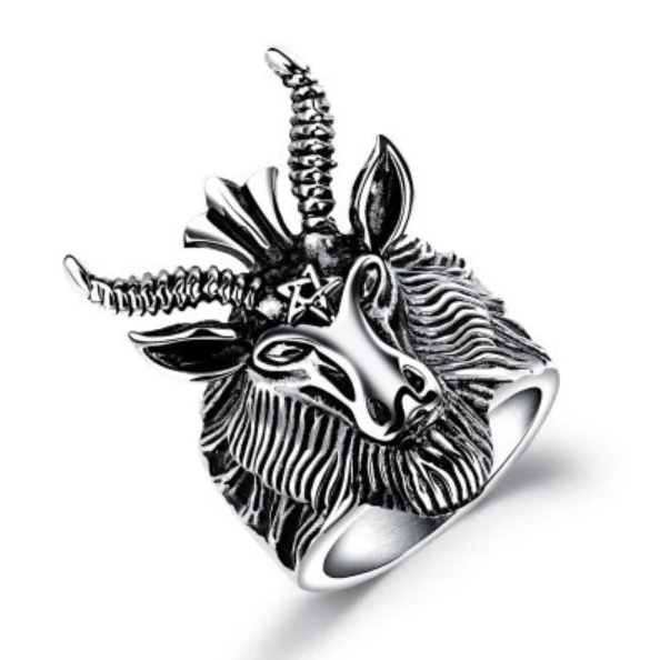 

Fashion Big Sheep Goat Horn Head Ring Satan Worship Baphomet Aries Zodiac Wicca Star For Men Jewelry, Silver