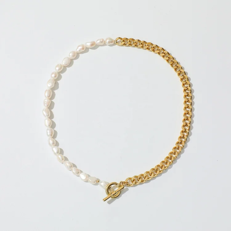 

Nice Half Cuba Chain Half Freshwater Pearl Chokers Necklaces 14k Gola Plated Cuban Chain Real Gold Necklace