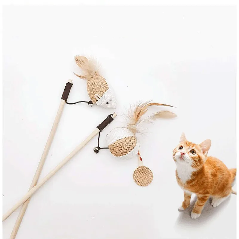 

Amazon Feather Funny Cat Stick Burlap Wooden Pole Mouse Toy for Cat