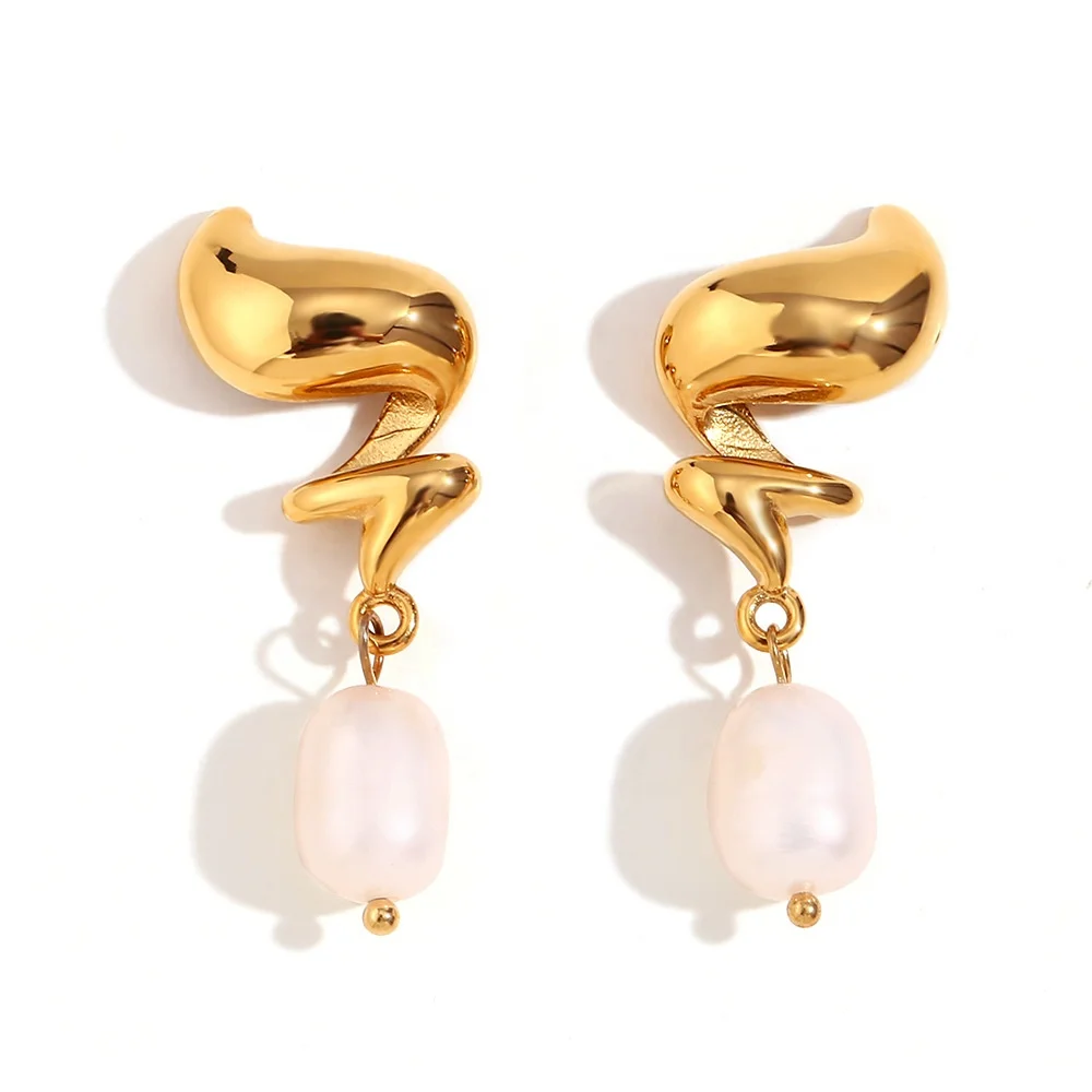 

Women Fashion 18K Gold Plated Stainless Steel Hypoallergenic Dainty Tarnish Free Twist Pearl Drop Charm Earrings