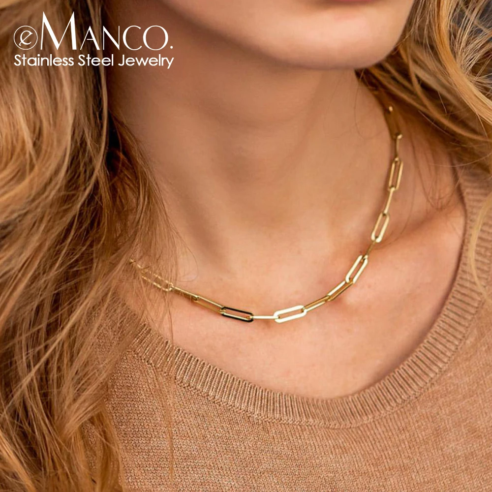 EManco Fashion Waterproof Dainty Stainless Steel Necklace Jewelry Women 14K Gold Plated Paperclip Chain Chokers Necklaces
