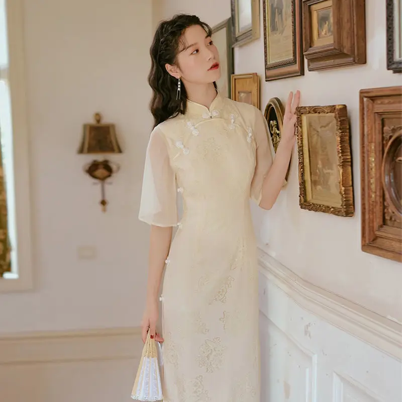 

Chinese Style Cheongsam Floral Dresses Woman 2022 Elegant Mesh Lace Qipao Dress Women Vintage Dress Robe Femme Vestidos, Yellow