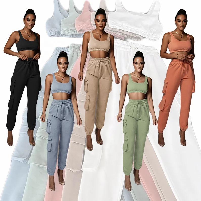 

Hot Selling Custom Logo Knit Women Clothing Jogger With Pockets And Crop Top Vest Two Piece Set, Avaliable