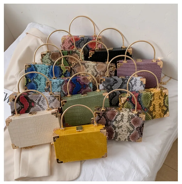 

2020 Wholesale Fashion Women Clutch Purse Handbag Luxury Designer Snake Mini Box Evening Bag For Lady, 4colors