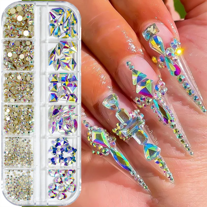 

12Gird Box Multi Size AB Colorful Hotfix Nail Stones Crystal Rhinestones Flatback Diamond Nail Gems