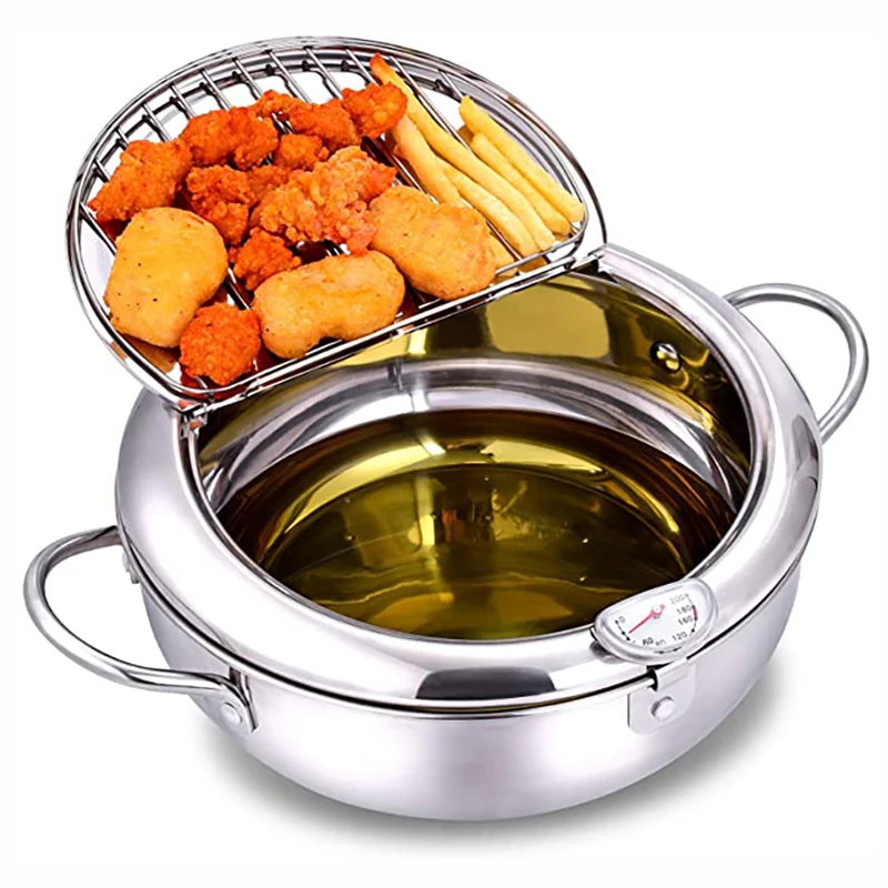 

Fryer Pot Thermometer Nonstick Tempura French Deep Fryer 304 Stainless Steel Frying Pot With Oil Drain Rack, Sliver