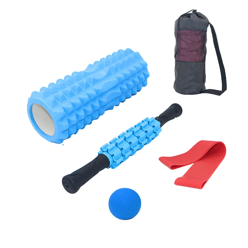 

Wholesale 5 in 1 Yoga Pillar Massage Stick Peanut Ball Spike Ball Stretching Band Combination Massage foam roller Set, Blue,pink,purple,black