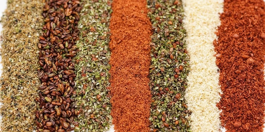 Measuring spoons filled with different dried herbs for blending